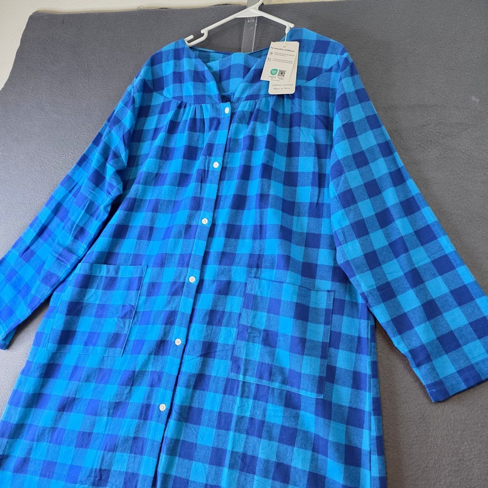 Latuza Blue Buffalo Plaid Cotton Flannel Nightgown XL Cozy Sleepshirt NWT